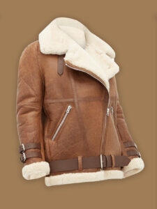 Women Light Brown Shearling Jacket - Image 3