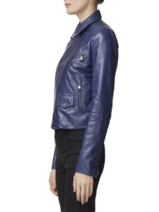 Women Sky Blue Leather Jacket - Image 4