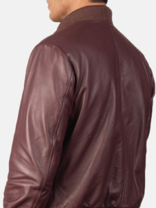 Best Quality Maroon Leather Bomber Jacket For Men - Image 4