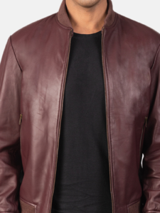 Best Quality Maroon Leather Bomber Jacket For Men - Image 3