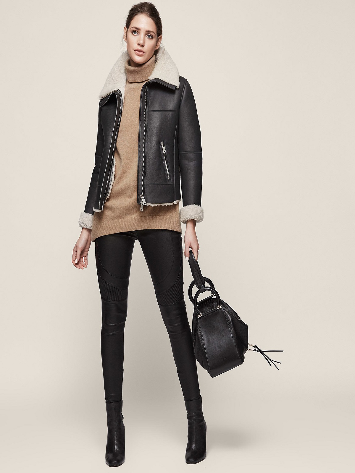 women-black-b3-leather-jacket.jpg Women Black Aviator Shearling Jacket - Image 1