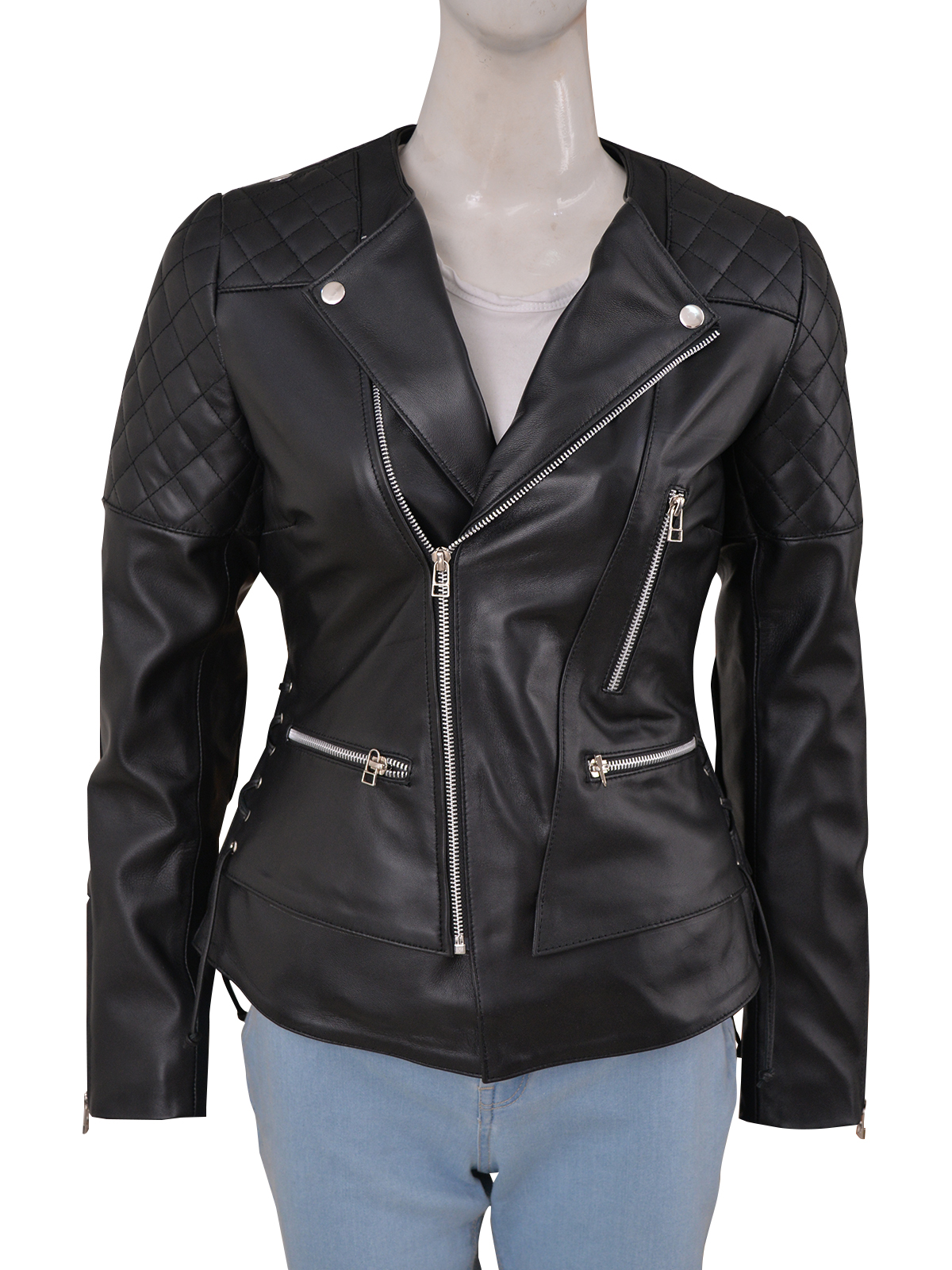 women-black-brando-quilted-leather-jacket.jpg Women Black Biker Quilted Jacket - Image 1