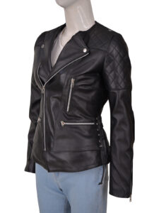 Women Black Biker Quilted Jacket - Image 4
