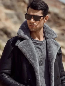 Men's Black Real Shearling Grey Fur Overcoat - Mauve Tree - Image 5