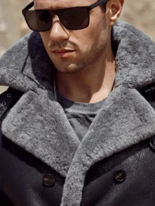 Men's Black Real Shearling Grey Fur Overcoat - Mauve Tree - Image 4