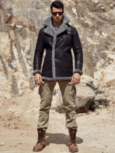 Men's Black Real Shearling Grey Fur Overcoat - Mauve Tree - Image 3