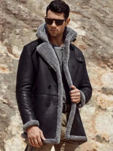 Men's Black Real Shearling Grey Fur Overcoat - Mauve Tree - Image 2