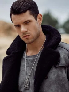Drip Men Grey Shearling Leather Overcoat - Mauve Tree - Image 2