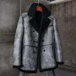 Drip Men Grey Shearling Leather Overcoat - Mauve Tree - Image 6
