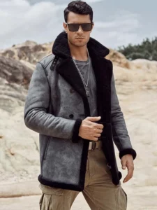 Drip Men Grey Shearling Leather Overcoat - Mauve Tree - Image 5