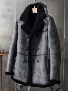 Drip Men Grey Shearling Leather Overcoat - Mauve Tree - Image 4