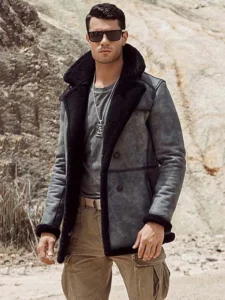 Drip Men Grey Shearling Leather Overcoat - Mauve Tree - Image 3