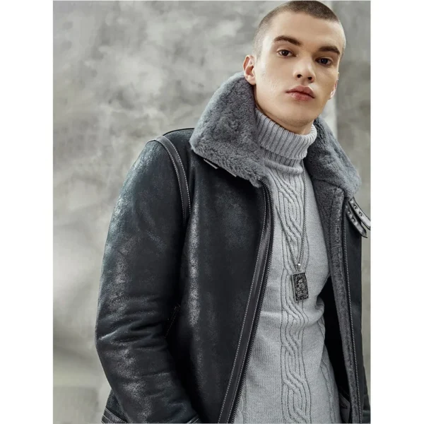 mauvetree dashing men black sheepskin b3 leather jacket