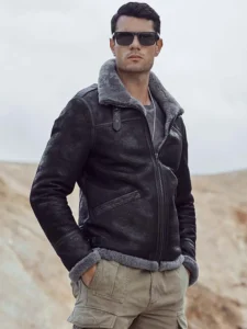 men aviator b3 sheepskin leather jacket with grey shearling mauvetree