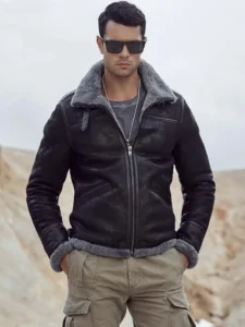 mauvetree men black aviator shearling leather jacket with grey fur