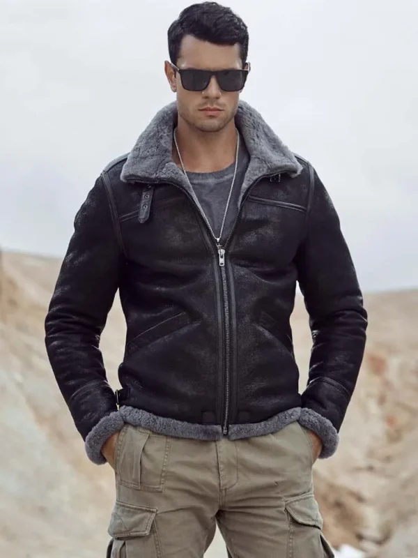 mauvetree men black aviator shearling leather jacket with grey fur