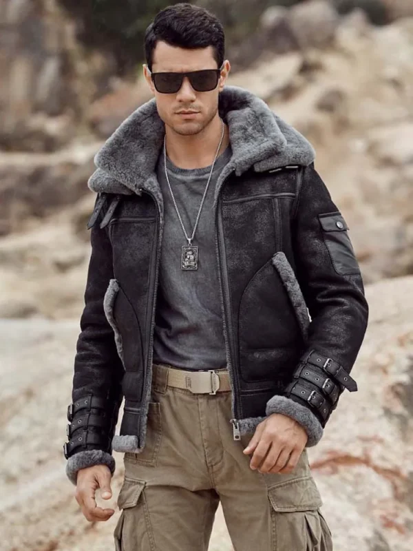men motorcycle shearling black sheepskin grey leather jacket mauvetree