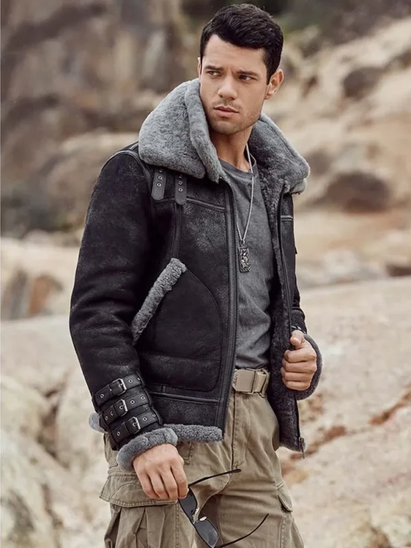 black aviator shearling grey sheepskin leather jacket mauvetree