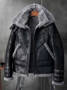 Black shearling jacket with grey sheepskin for men mauvetree