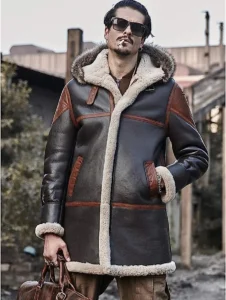 Fire Men's Black Shearling Long Coat - Mauve Tree - Image 3