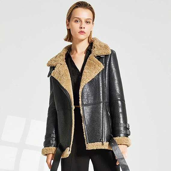 women brown shearling leather jacket