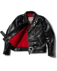 real leather black red inner viscose motorcycle jacket mauvetree