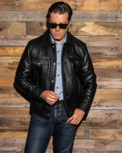 slim fit black trucker leather jacket mauvetree