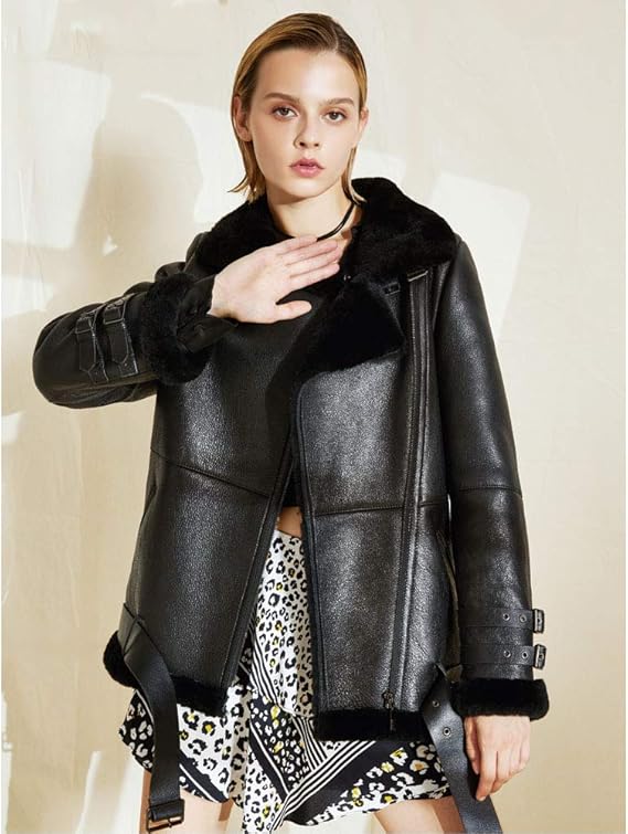 women all black sheepskin leather jacket